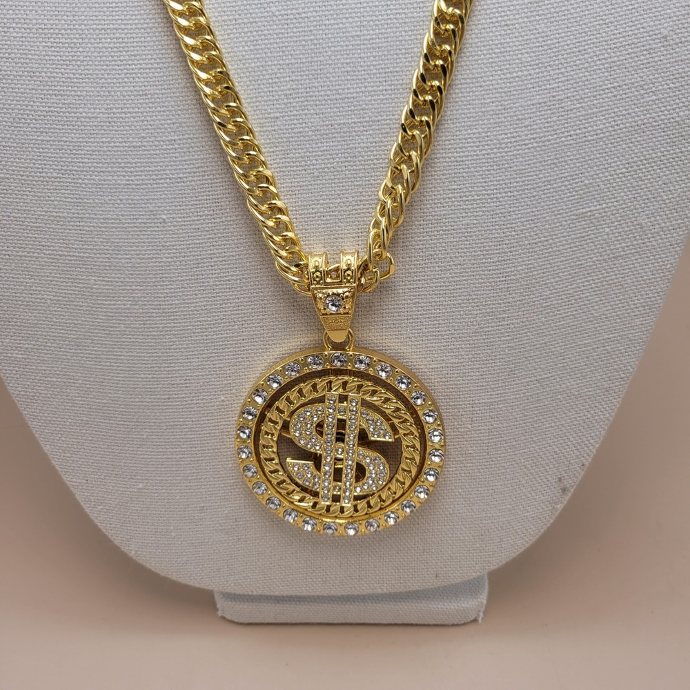 Gold Tone Spinning Dollar Sign Iced Out Pendant Necklace Cuban Link Chain 30in